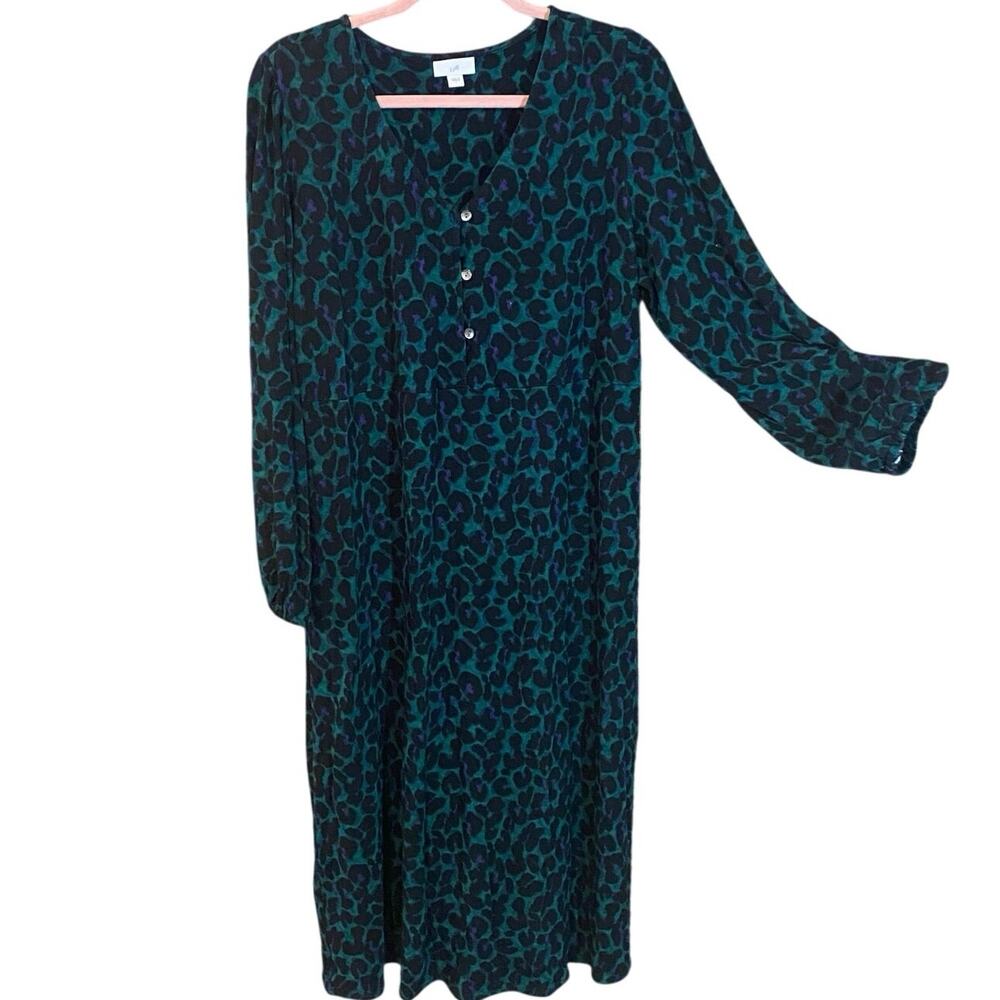J. Jill Leopard animal Print Long Sleeve Midi Dress Teal Black Purple Large